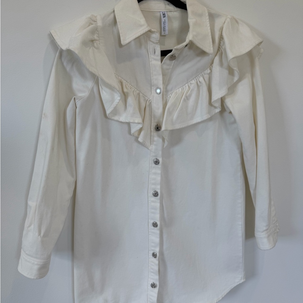 Zara Cream Ruffled Button-Up Shirt Dress